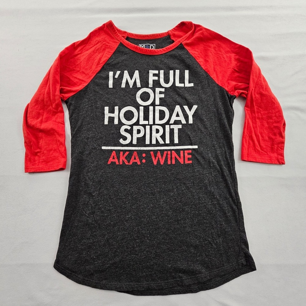 Full of Holiday Spirit AKA Wine Christmas Gray 3/4 Sleeve T-Shirt Women's M
